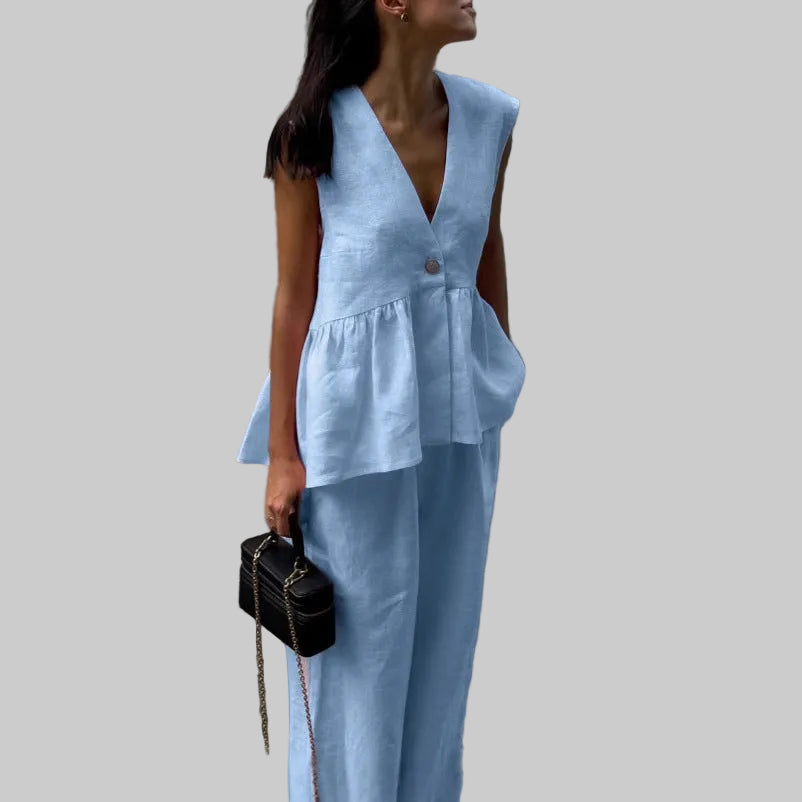 Women’s V-Neck Sleeveless Peplum Top and Trousers Set
