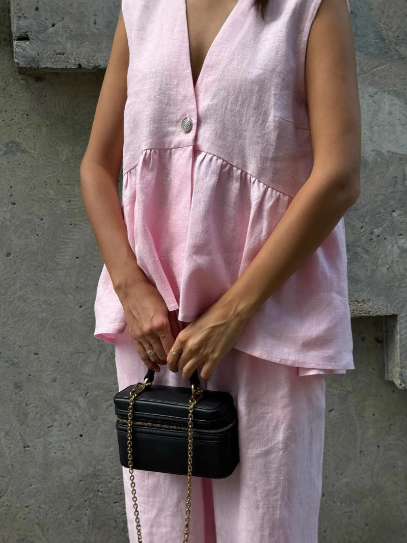 Women’s V-Neck Sleeveless Peplum Top and Trousers Set