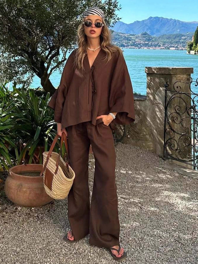 Women’s V-Neck Tie-Front Trousers Set