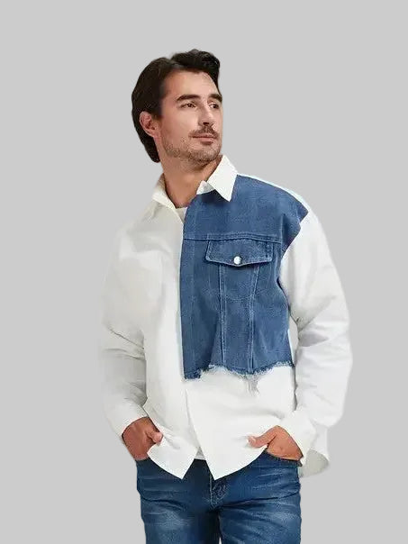 Men’s Long Sleeve Button Shirt with Contrasting Denim Panel