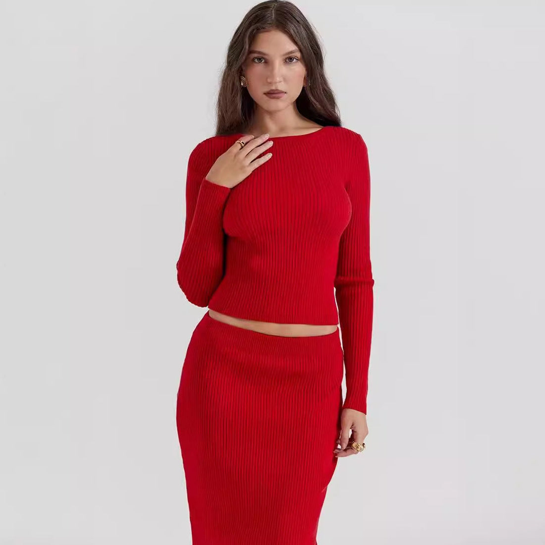 Women’s Ribbed Knit Top and Skirt Set