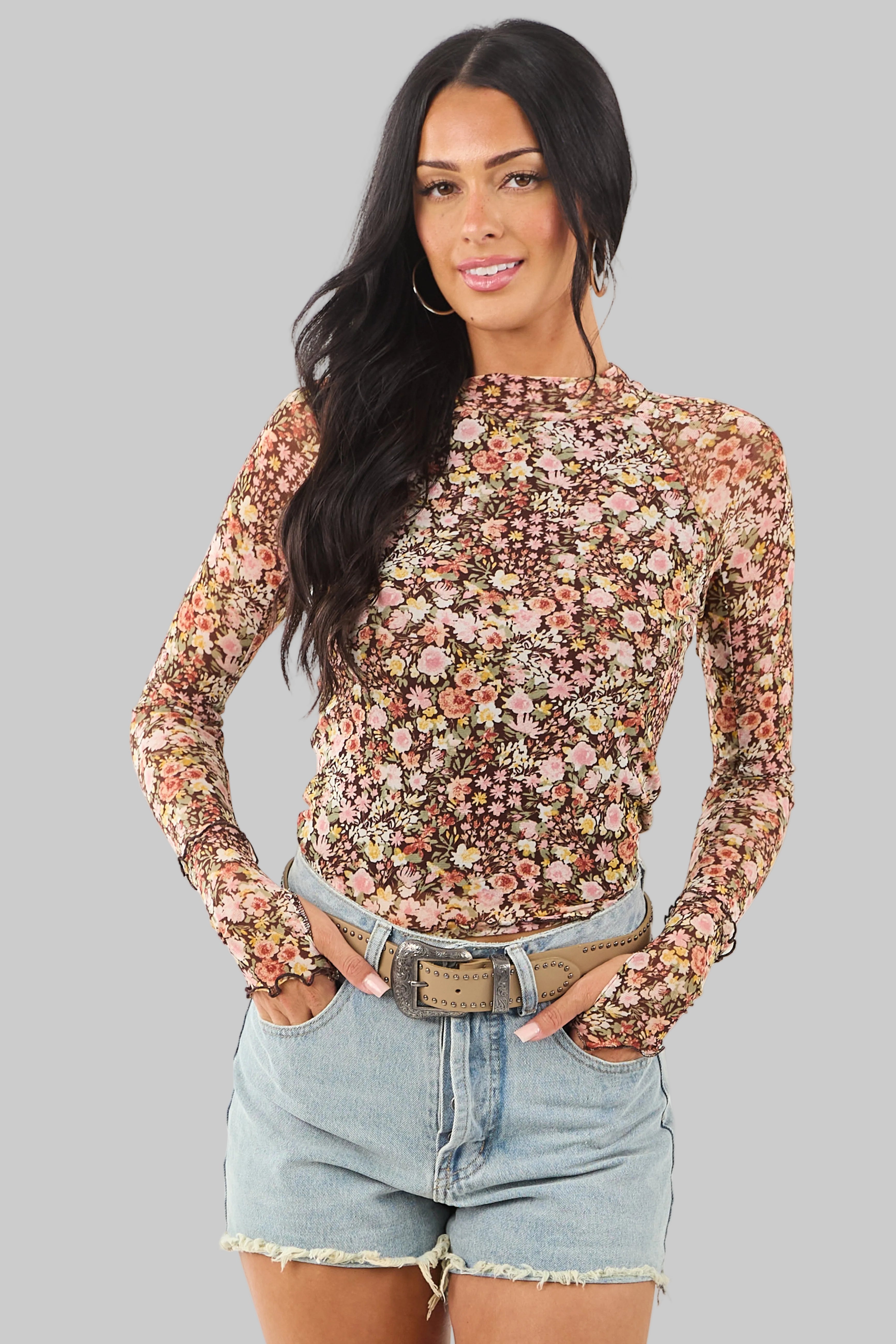 Women’s Floral Print Mesh Long Sleeve Top