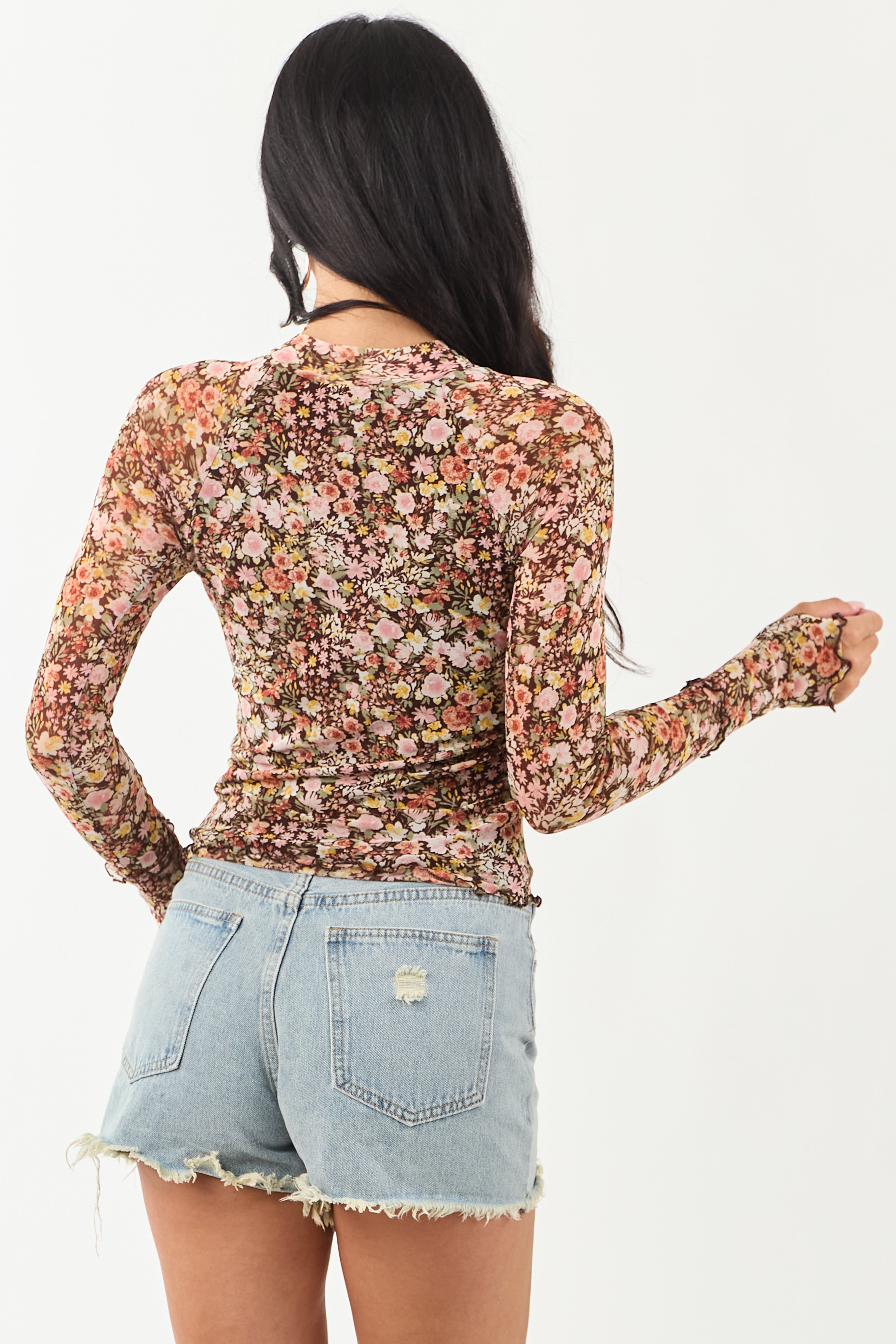 Women’s Floral Print Mesh Long Sleeve Top