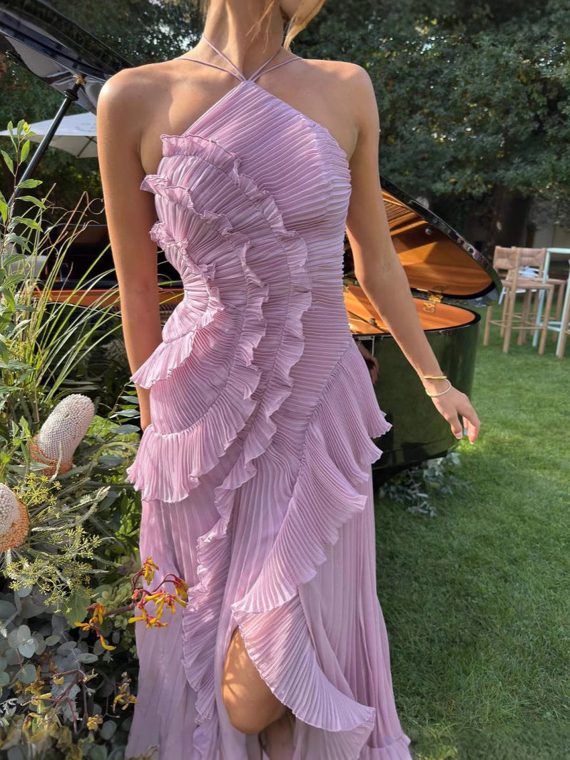 Women's Halter Neck Pleated Ruffle Maxi Dress Women's Halter Neck Pleated Ruffle Maxi Dress