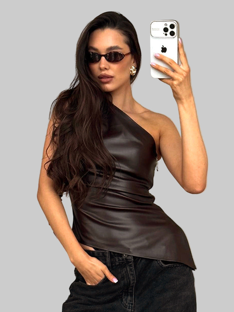 Women’s One-Shoulder Faux Leather Top