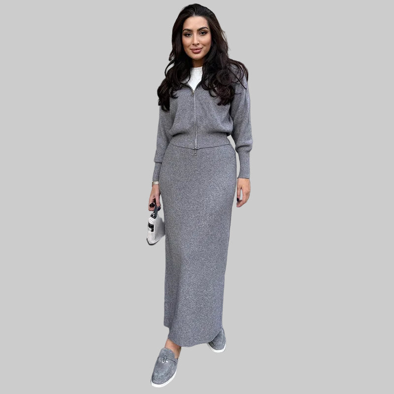 Women’s Knit Zip Cardigan and Skirt Set