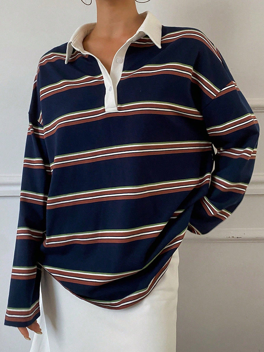 Women’s Striped Long Sleeve Polo Top
