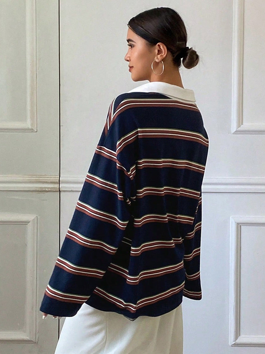 Women’s Striped Long Sleeve Polo Top
